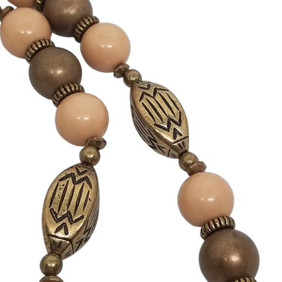 VINTAGE LONG BRONZE & BEIGE COLOR CHUNKY BEADED STATEMENT NECKLACE - Picture 5 of 6